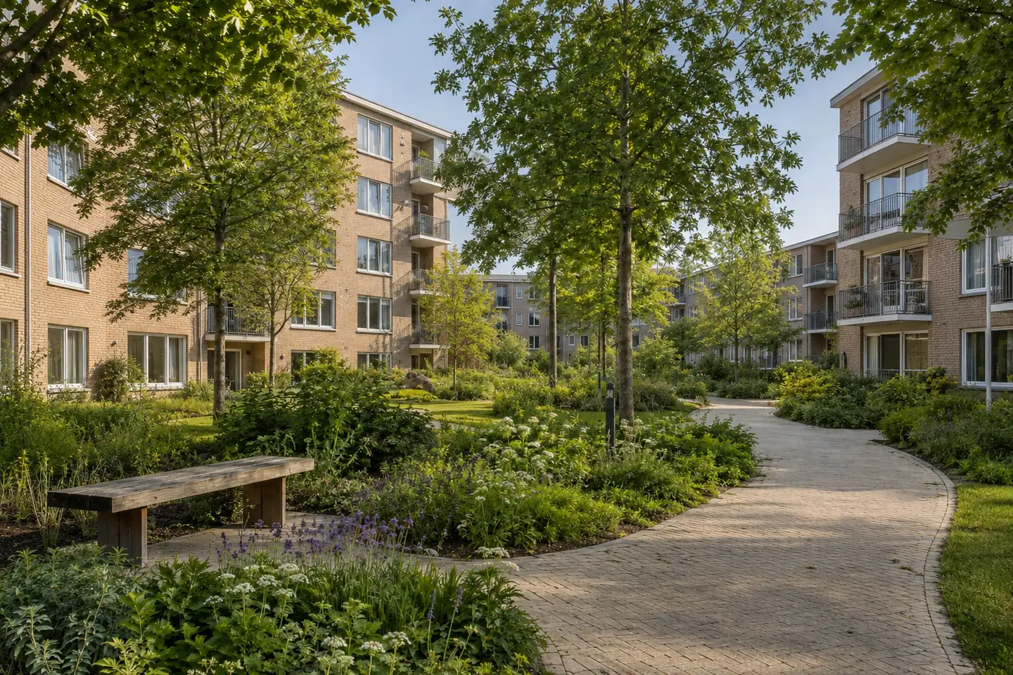 Apartment residence viewed across a landscaped communal garden